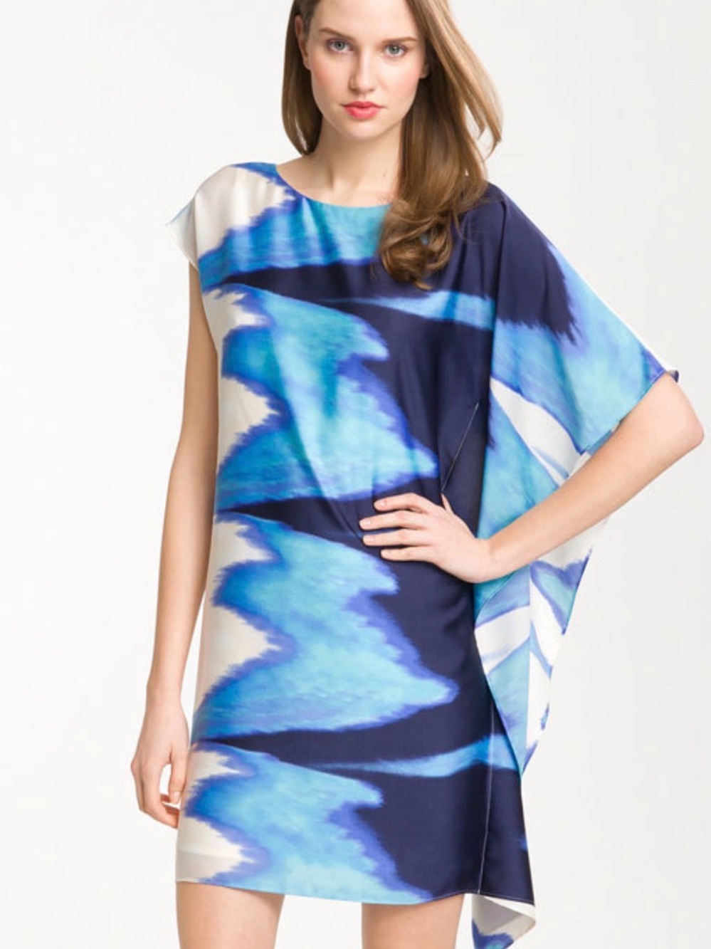 Vince Camuto Blue and Navy Wave-Print Asymmetrical Dress